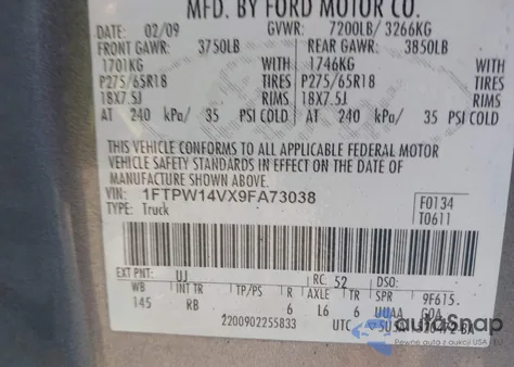 2009 Ford F150 Fx4/King Ranch/Lariat/Platinum/Xl/Xlt из США, поврежденный, VIN 1FTPW14VX9FA73038